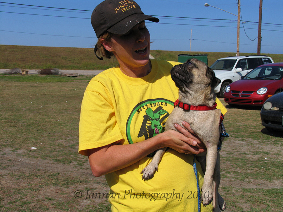 Pugsly and a volunteer